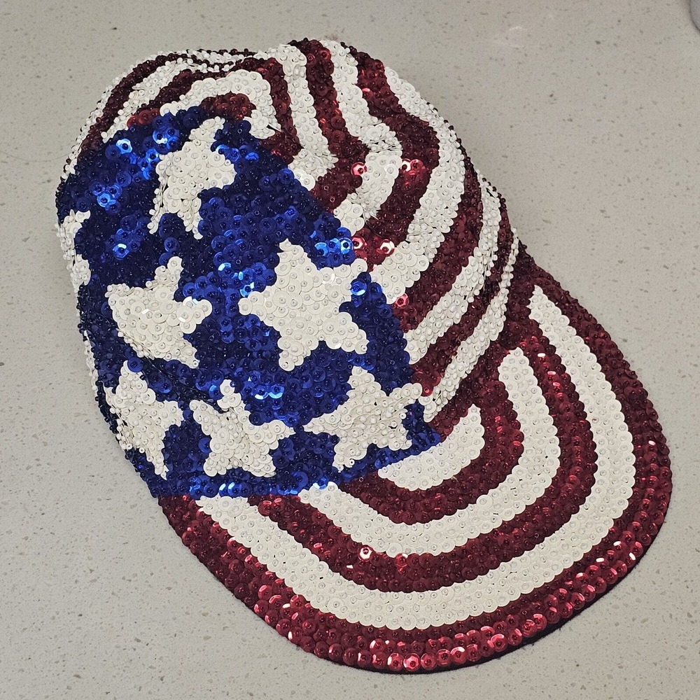 Vintage 80's Glam Sequins Baseball Cap Hat Red White Blue Stars Stripes USA
